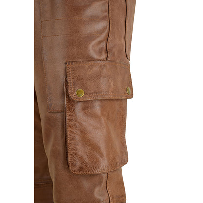 Men's Vintage Leather Biker Cargo Pants with Multiple Pockets
