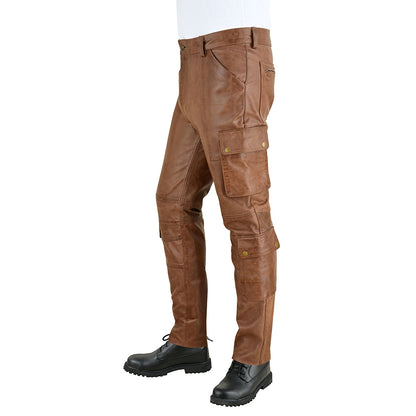 Men's Vintage Leather Biker Cargo Pants with Multiple Pockets