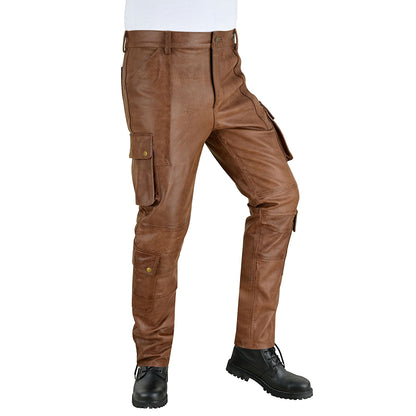 Men's Vintage Leather Biker Cargo Pants with Multiple Pockets