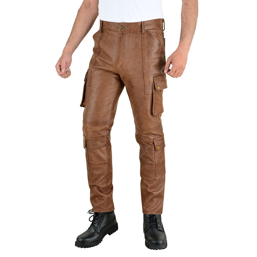 Men's Vintage Leather Biker Cargo Pants with Multiple Pockets