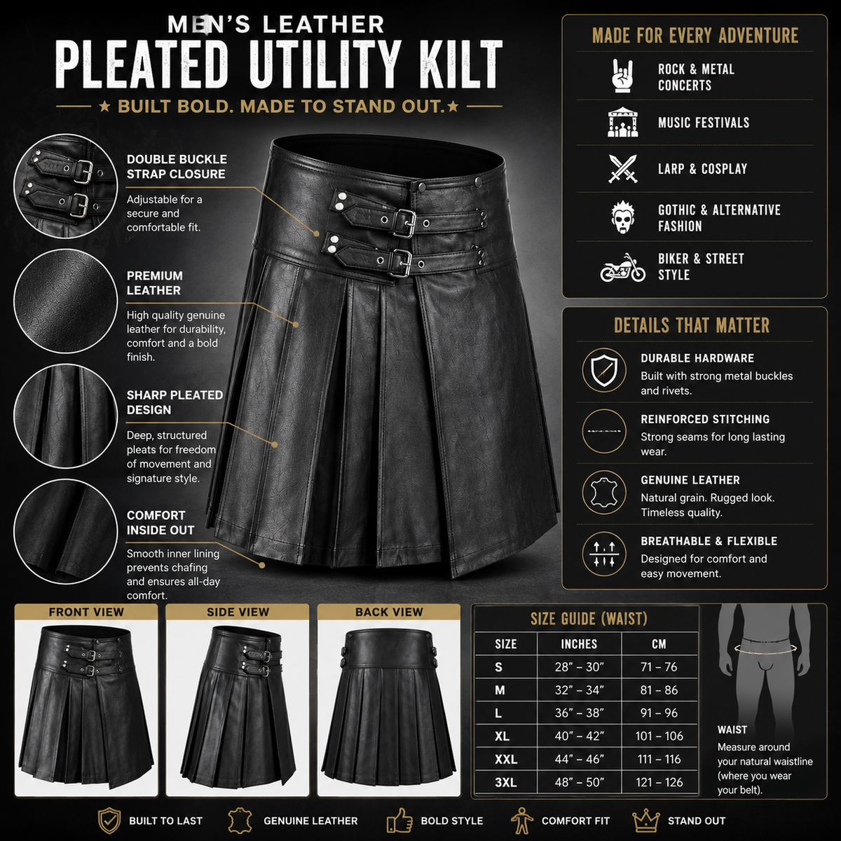 Infographic showing features of black leather pleated utility kilt