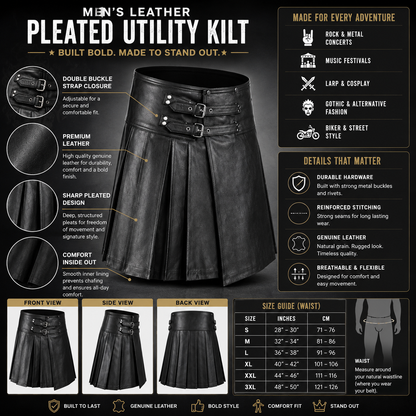 Infographic showing features of black leather pleated utility kilt