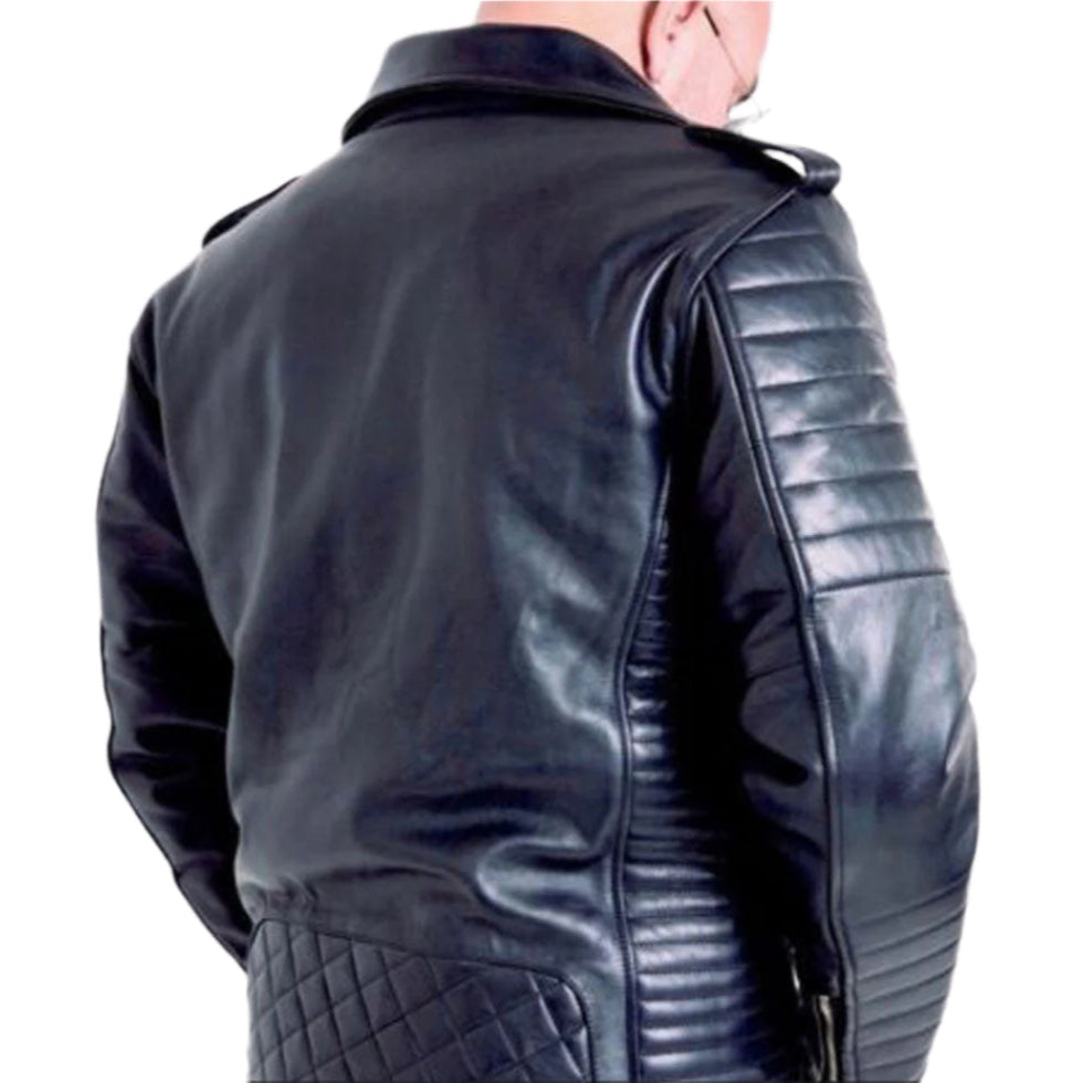 Men's Cowhide Leather BLUF Jacket – Brando Biker Style with Quilted Panels