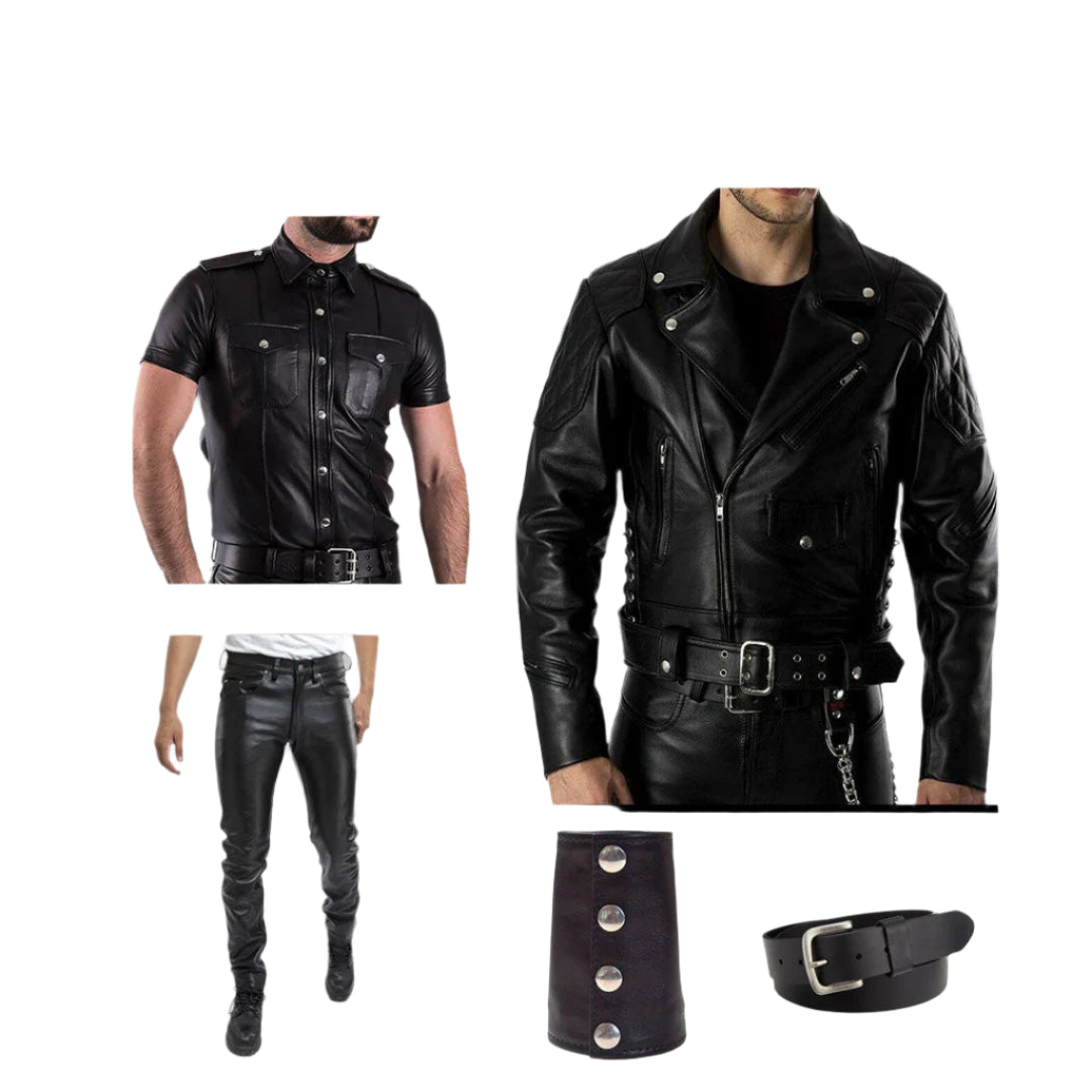 Men’s BLUF Police Style Costume – Leather Jacket, Pants, Shirt, Wristbands & Belt Set
