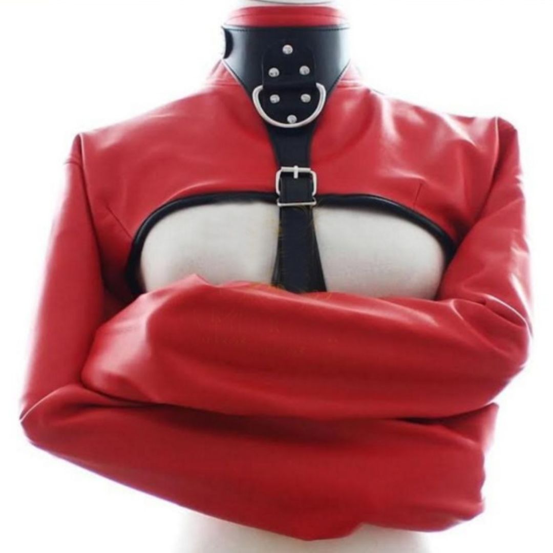 Women’s Red Leather Bolero Straitjacket – Heavy Duty Cowhide Restraint