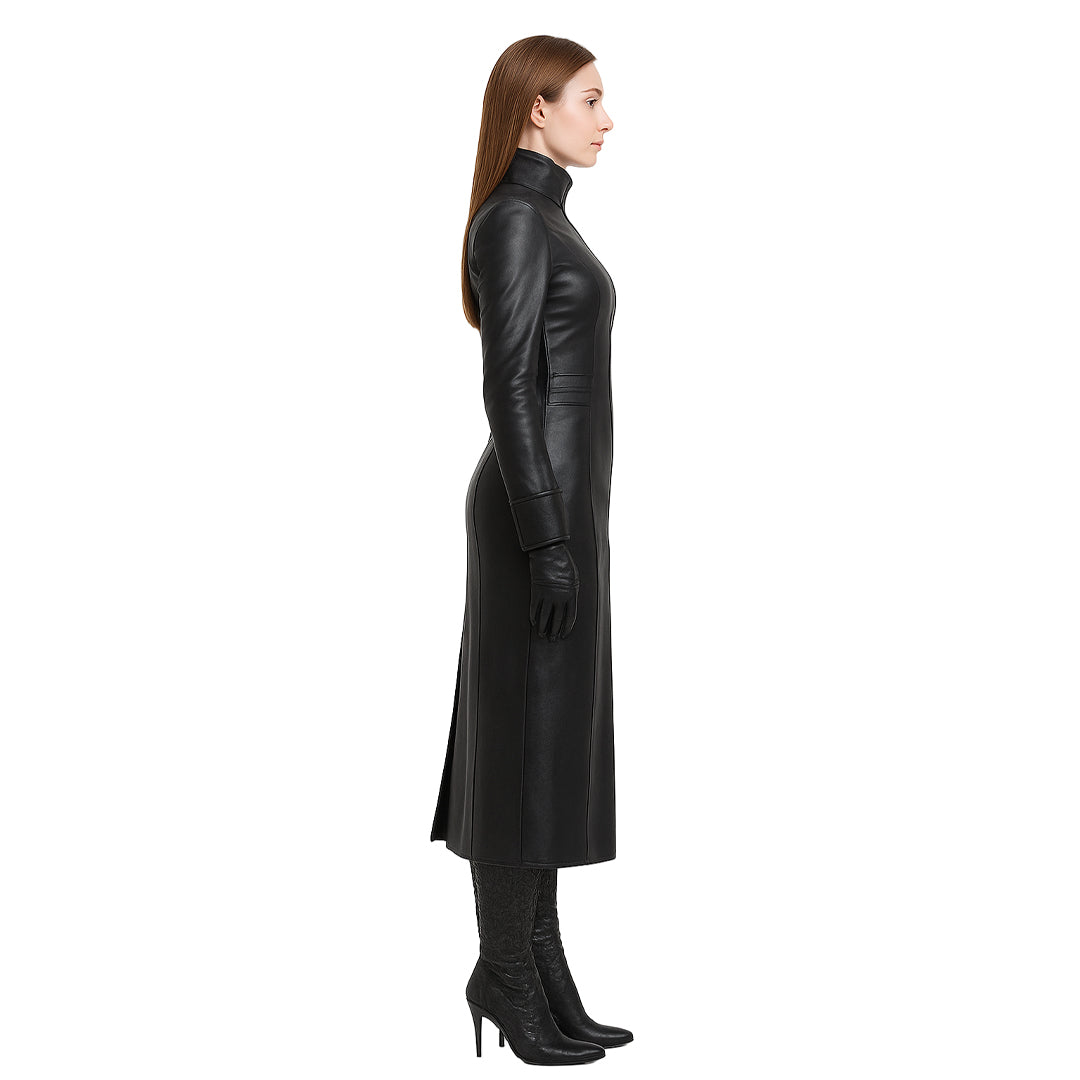 Women’s Leather Trench Coat – Long Duster with Corset Back Laces
