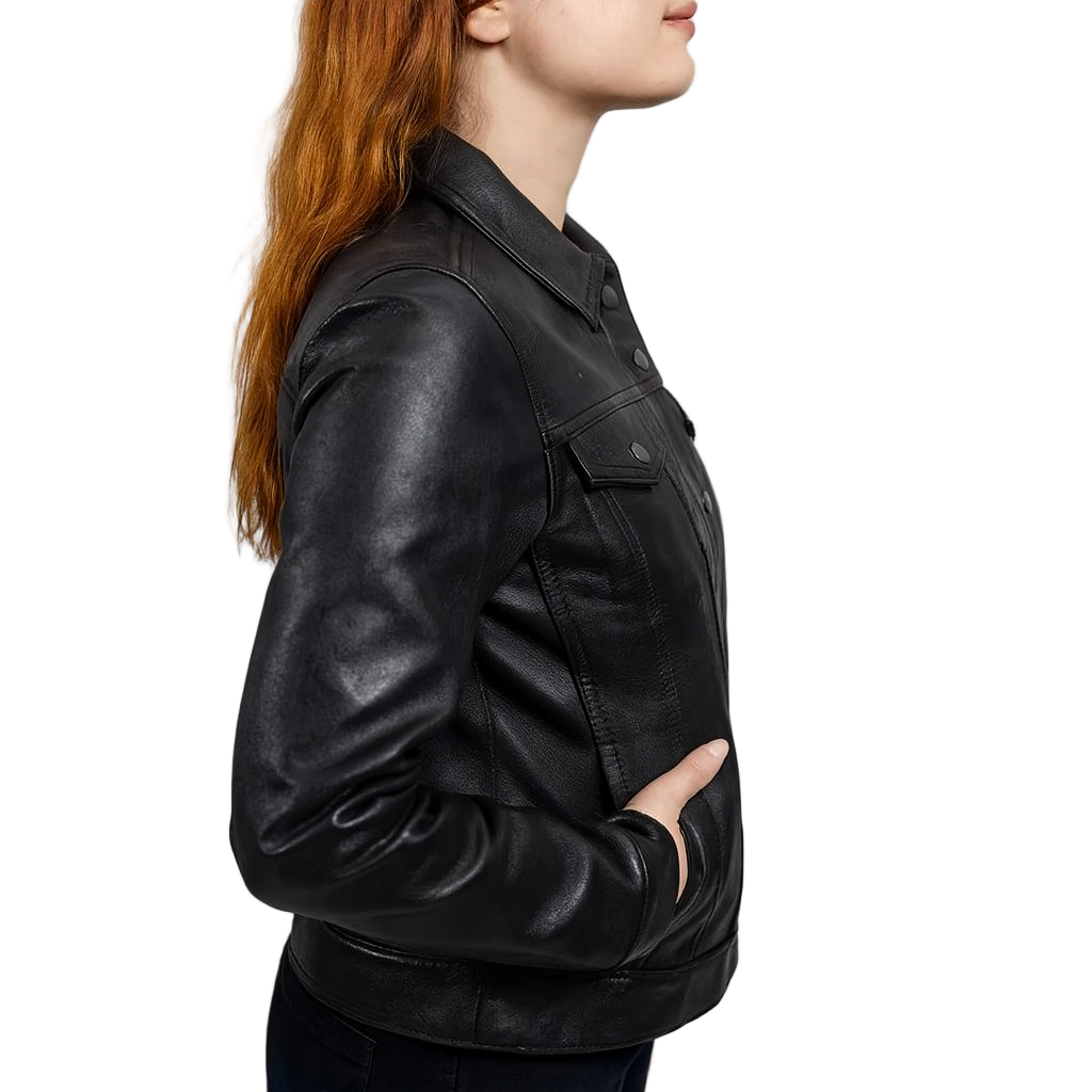 Women’s Genuine Lambskin Leather Trucker Jacket – Classic Fit