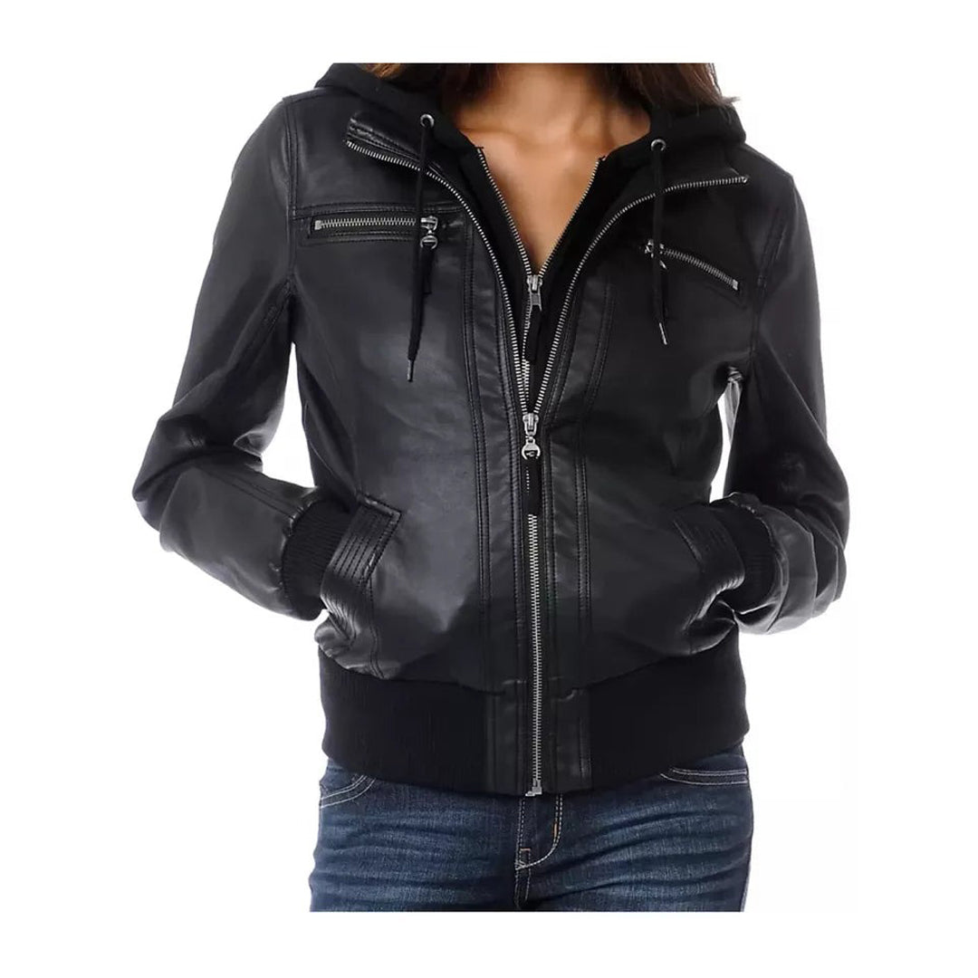 Women’s Slim Fit Lamb Leather Bomber Jacket with Removable Hood