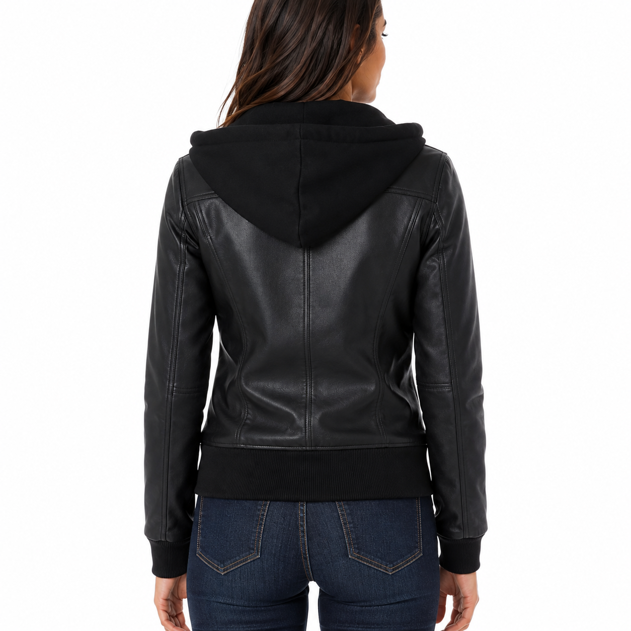 Women's black faux leather hooded moto jacket, front view, zipped
