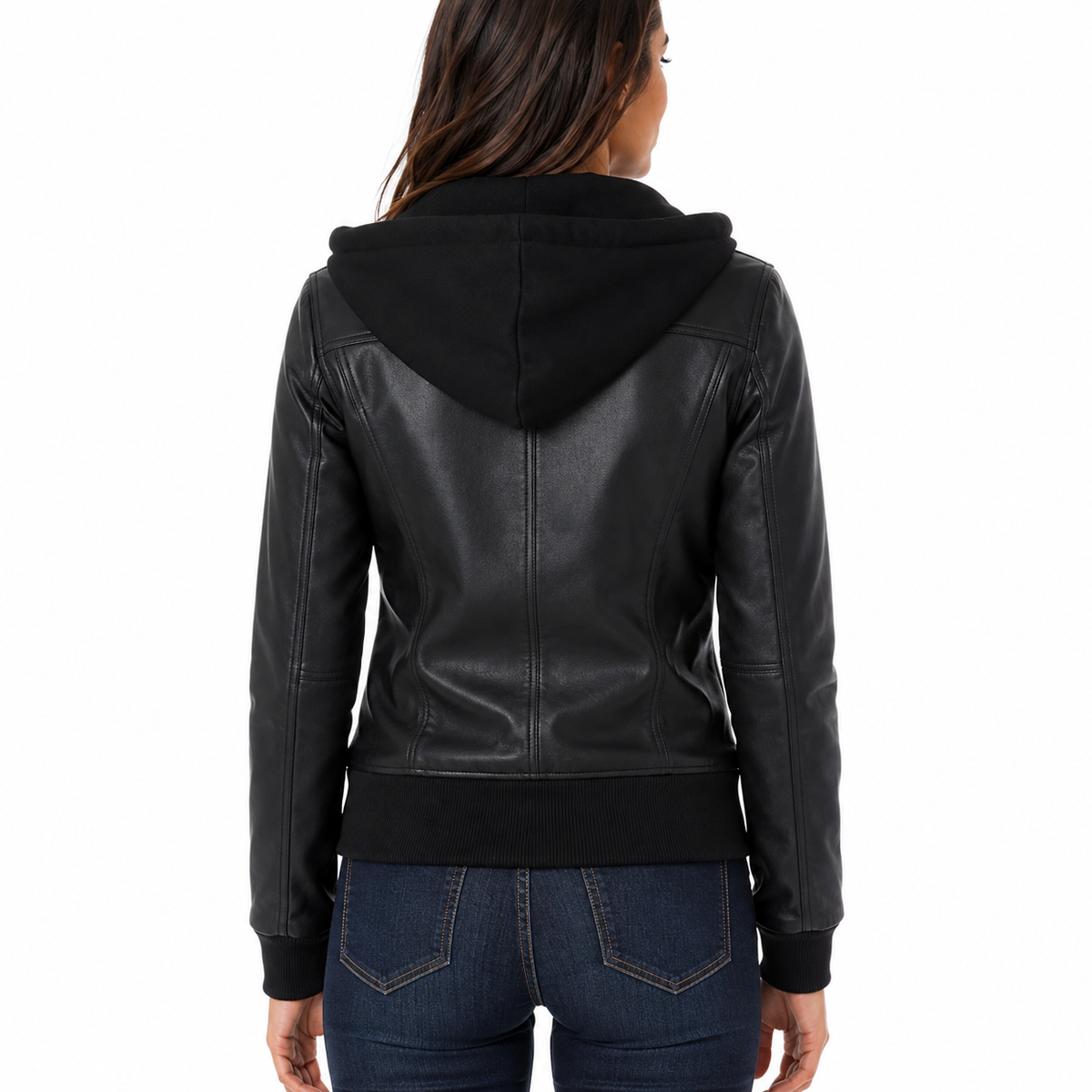 Women's black faux leather hooded moto jacket, front view, zipped