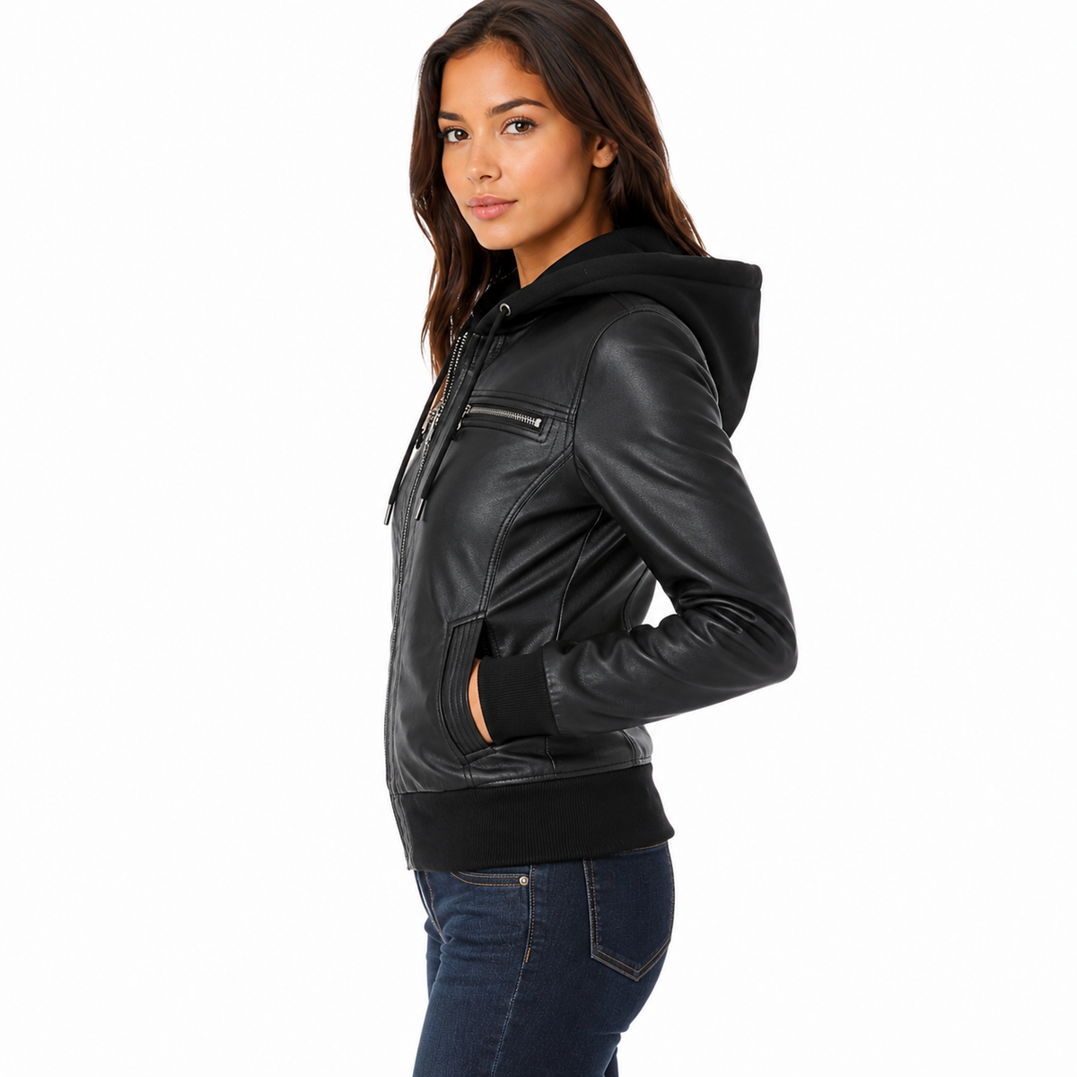 Flat lay of black faux leather hooded moto jacket