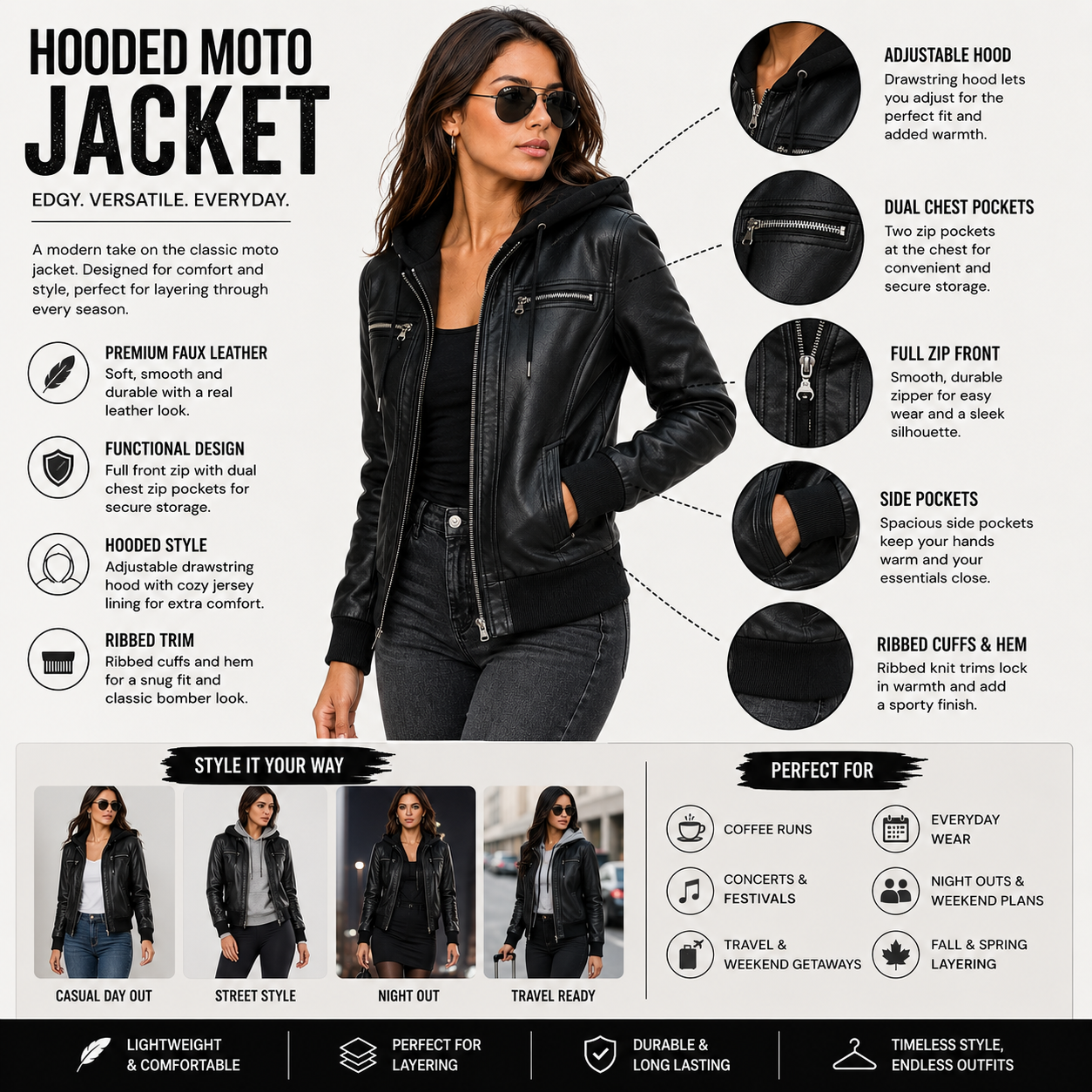 Flat lay of black faux leather hooded moto jacket