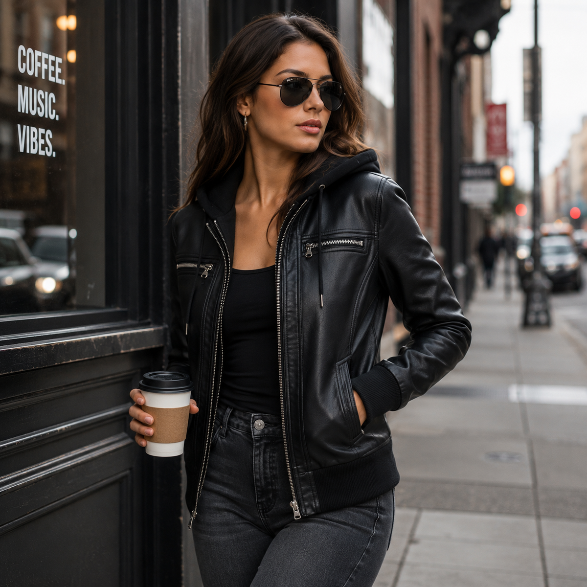 Flat lay of black faux leather hooded moto jacket