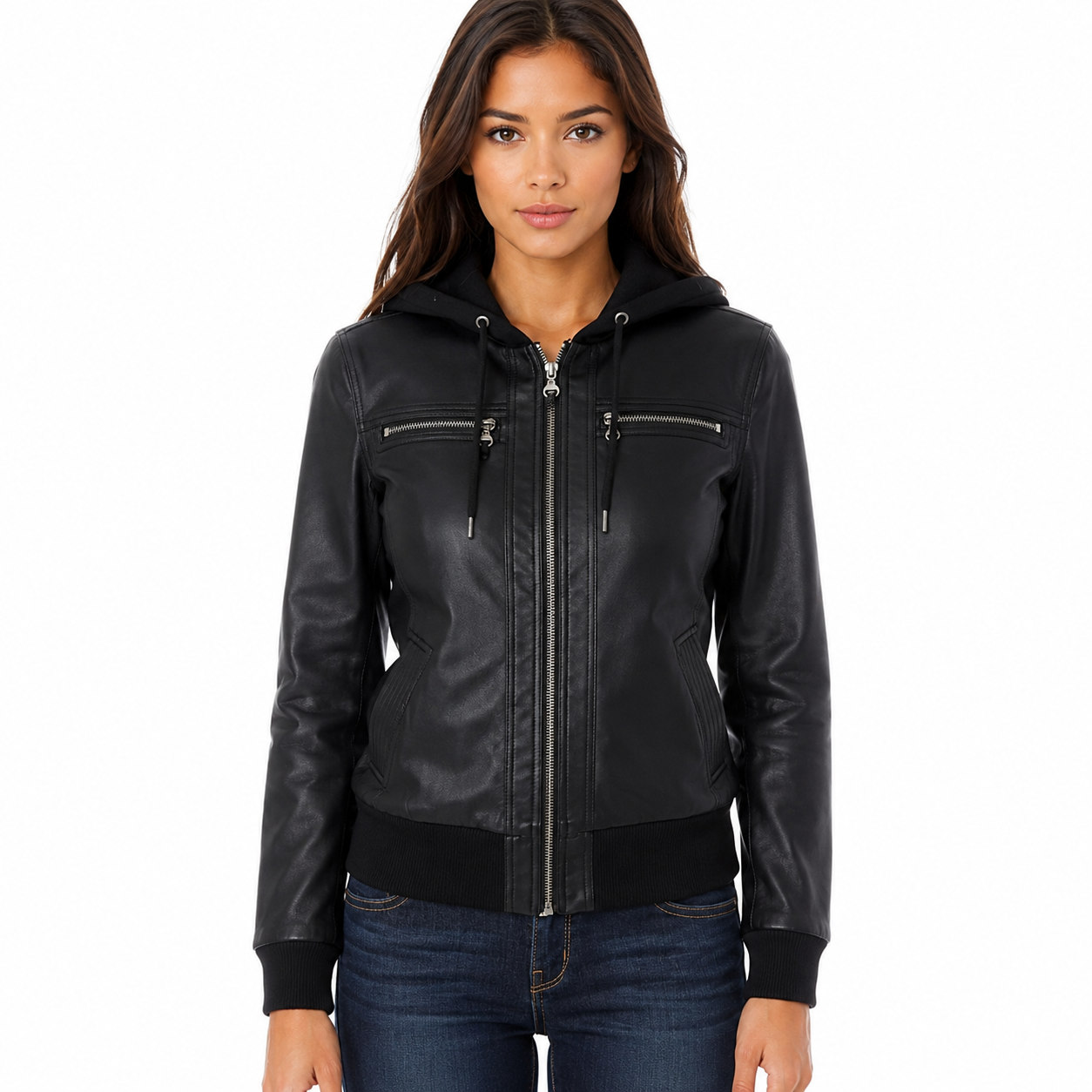Women's black faux leather hooded moto jacket, front view, zipped