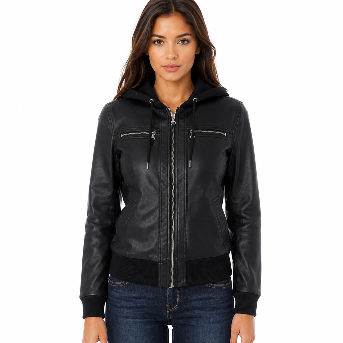 Women's black faux leather hooded moto jacket, front view, zipped