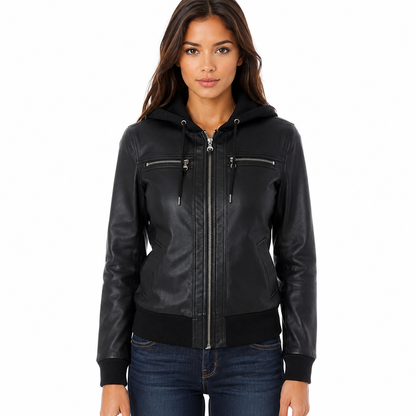 Women's black faux leather hooded moto jacket, front view, zipped