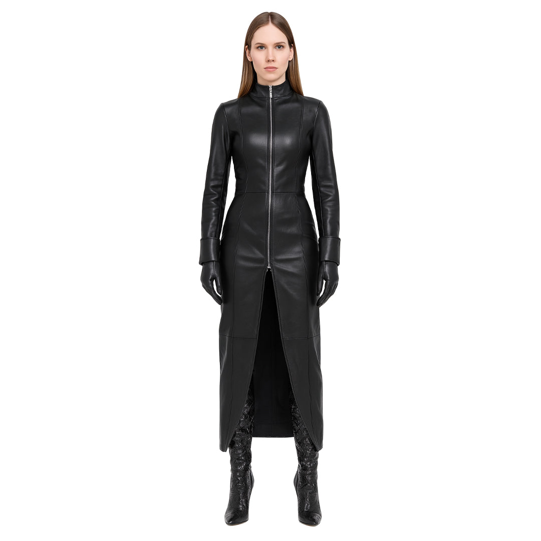 Women’s Leather Trench Coat – Long Duster with Corset Back Laces