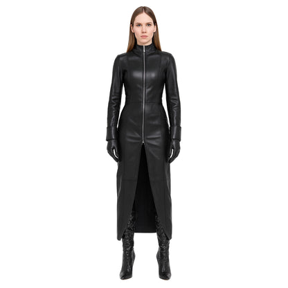 Women’s Leather Trench Coat – Long Duster with Corset Back Laces