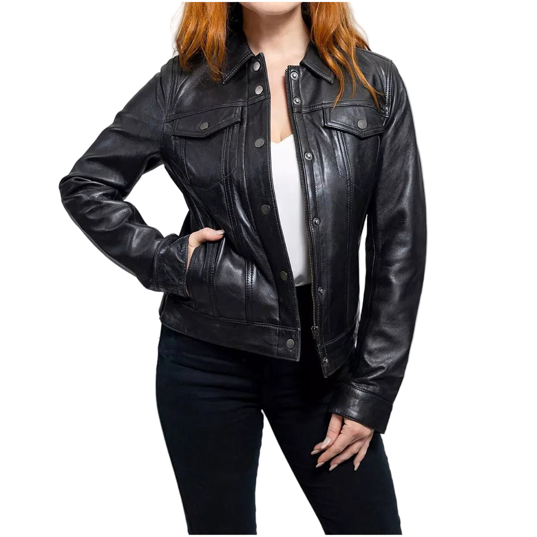 Women’s Genuine Lambskin Leather Trucker Jacket – Classic Fit