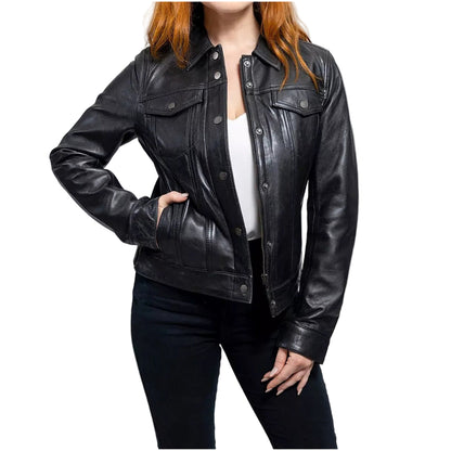 Women’s Genuine Lambskin Leather Trucker Jacket – Classic Fit