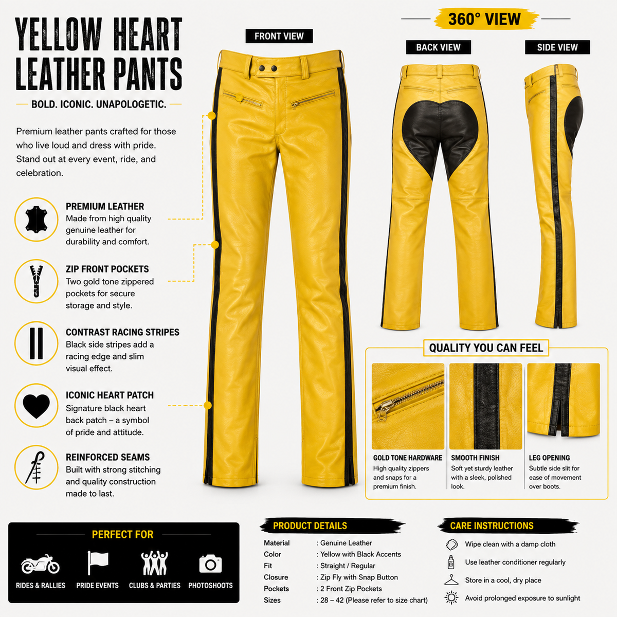 Infographic detailing features of yellow leather motorcycle pants with heart design
