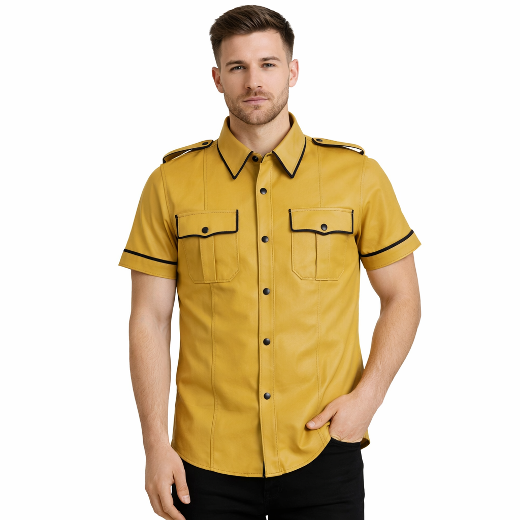 Men's Yellow Leather Police Shirt – Lambskin Uniform with Black Piping